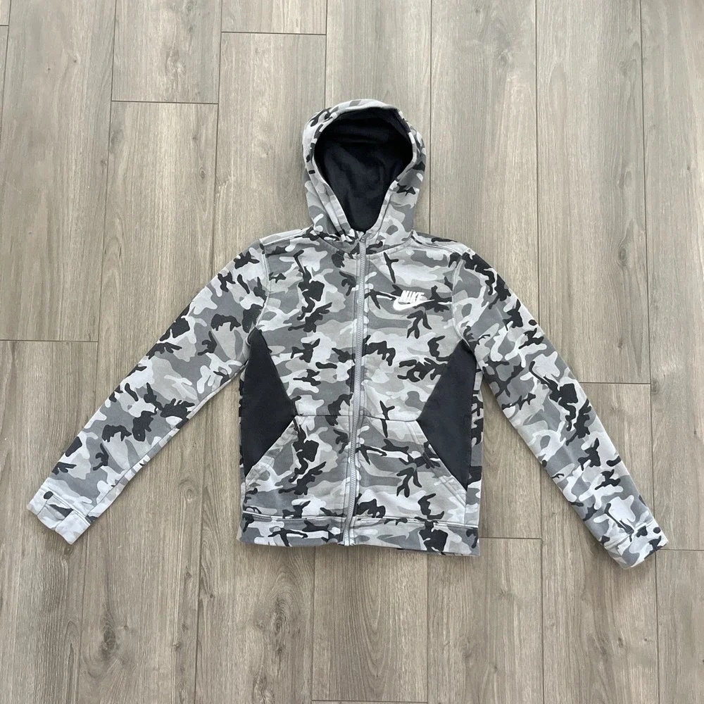 Nike Full Zip Sweatshirt Hoodie Boys L Gray/Black Camo Pockets Fleece Cotton